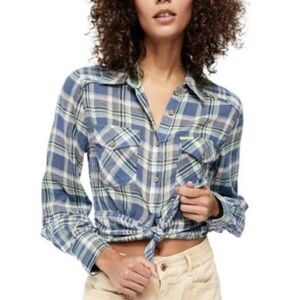 NWT FREE PEOPLE WE THE FREE In Bloom Plaid Top Blue‎ M
